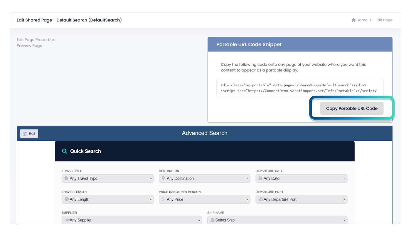 Copy portable URL code button