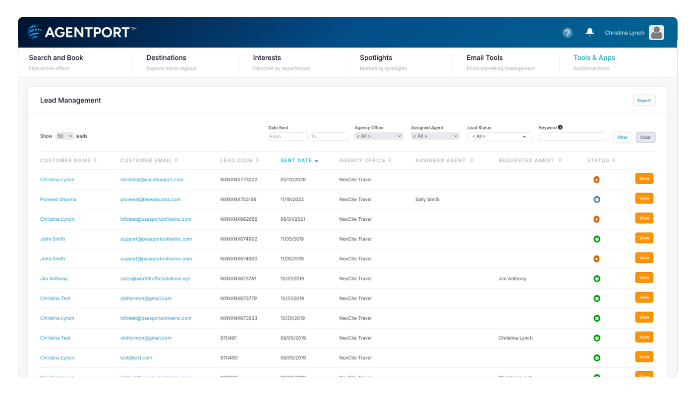 Submitted lead details in AgentPort