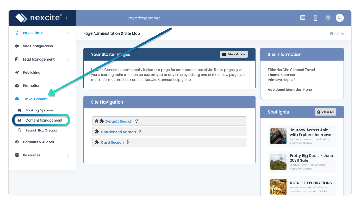 Travel Content and Content Management navigation