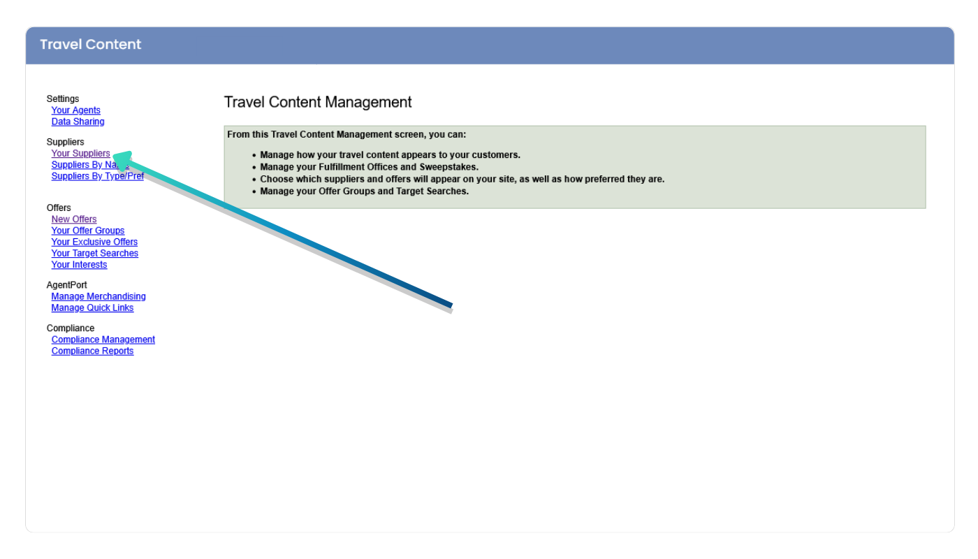 Your Suppliers link in Content Management