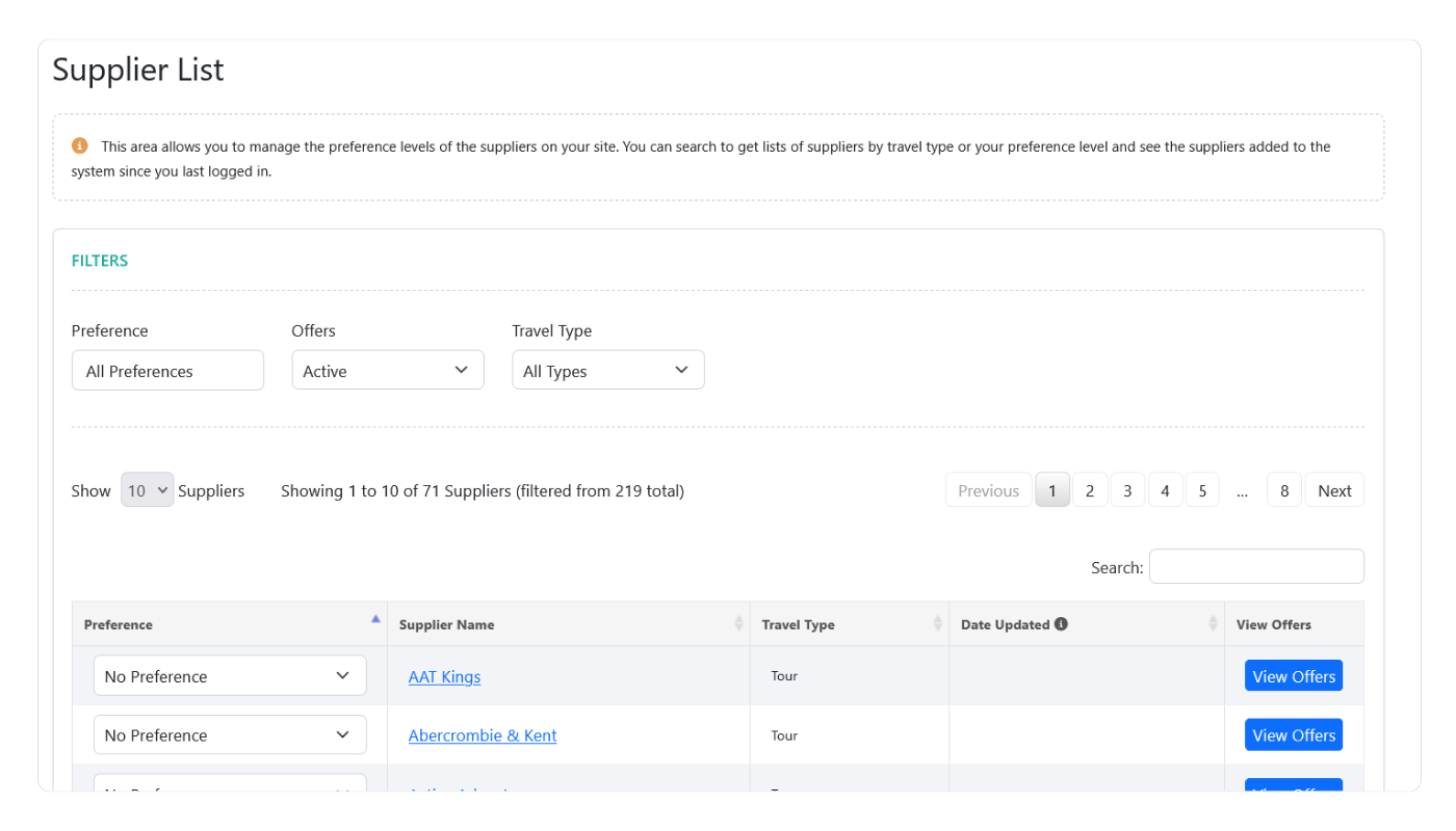 Supplier list and filters
